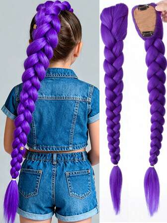 1pc Purple Braids Ponytail 26 Inch Long Yaki Straight Purple Hair Extensions For Braids Cosplay Wig Suitable For Stage Party Halloween Costume Cosplay