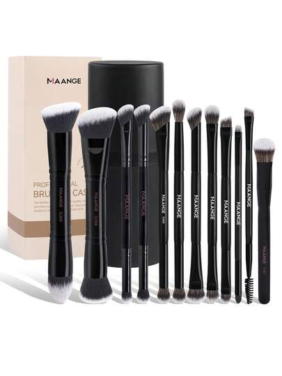 MAANGE 12pcs Professional Dual-Ended Makeup Brush Set With Storage Box, Including Angled Foundation Brush, Contour Brush, Blush Brush, Powder Brush, Eyeshadow Brush, Eyeliner Brush, Eyebrow Brush, Concealer Brush, Highlighter Brush, Detail Brush, Blending Brush, Soft Bristles, Portable Travel Set, Gift For Women/Girls, Makeup Brush Set, Makeup Brush Kit, Makeup Brush Collection, Complete Makeup Brushes, Makeup Brush Set, Full Makeup Tools Set, Makeup Brush Set, Makeup Gift Set