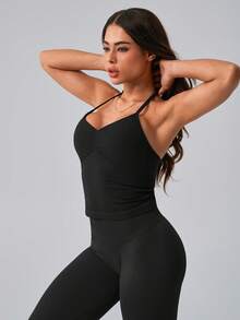 NcmRyu 1 套女士休闲露背吊带背心和紧身裤运动套装，简约百搭 - 黑色 - 查看 9