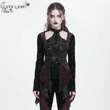 EVA LADY 一件哥特式天鹅绒蕾丝铆钉镂空立领上衣，适合哥特主题派对和艺术展览。 - 紅色 - 查看 1