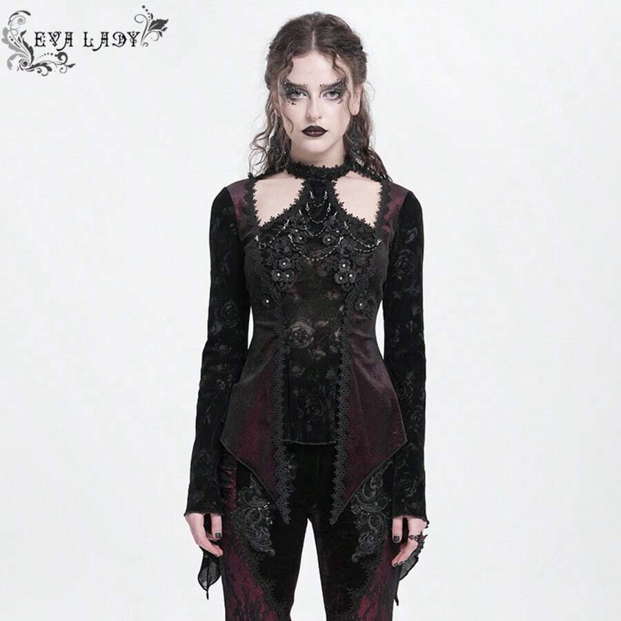 EVA LADY 一件哥特式天鹅绒蕾丝铆钉镂空立领上衣,适合哥特主题派对和艺术展览。 - 紅色 - 查看 1