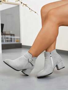 大码女式粗跟高跟纯黑色休闲侧拉链爱心装饰绑带踝靴，舒适踝靴 - 淺灰色 - 查看 3