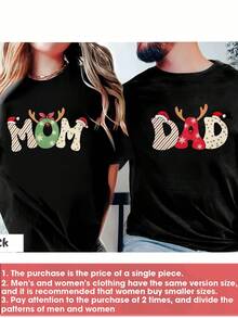1pc Holiday Mom And Dad Matching Christmas T-Shirt, Comfortable With Festive Prints, Perfect For Family & Valentine's Day Gifts, Holiday Gift Giving, Couple Christmas Wear, Holiday Parent Apparel, Matching T-Shirts, Holiday Theme Design, Animal - 女款-黑色 - 查看 1