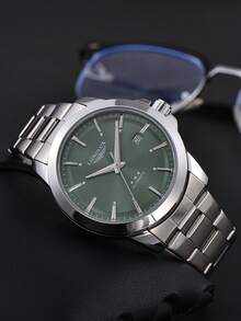 LONGLUX 1 件男士自动机械防水日历钢带蝴蝶扣商务手表，高端 - 綠色 - 查看 5