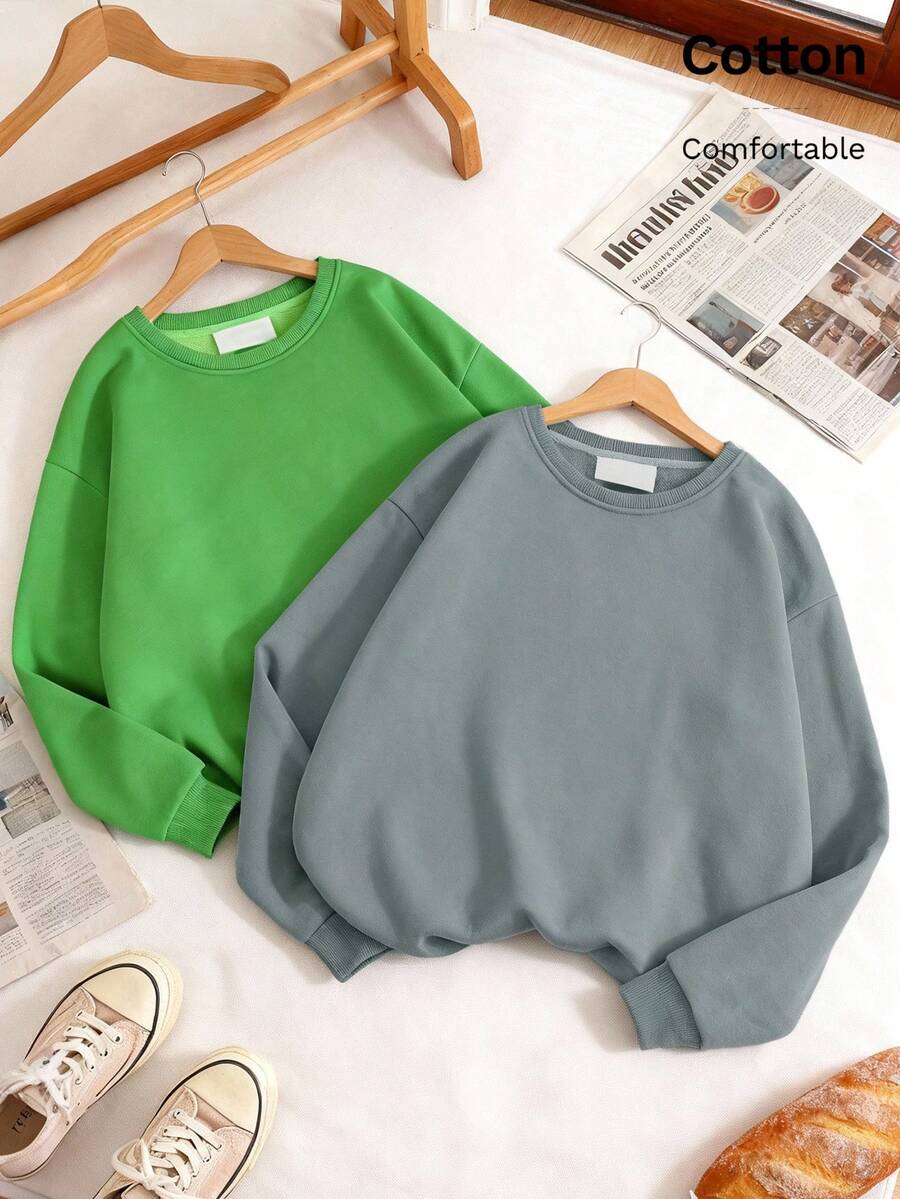 2 pièces/set Femmes Sweat-shirt-shirt ample à épaules dénudées col rond, Top en coton, Sweat-shirt-shirt oversize grande taille pour le printemps et l'automne - Vert clair + gris argenté - Voir 1