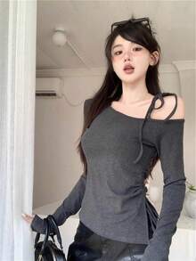 系带肩部镂空长袖修身 T 恤，不对称下摆性感套头衫 - 灰色 - 查看 6