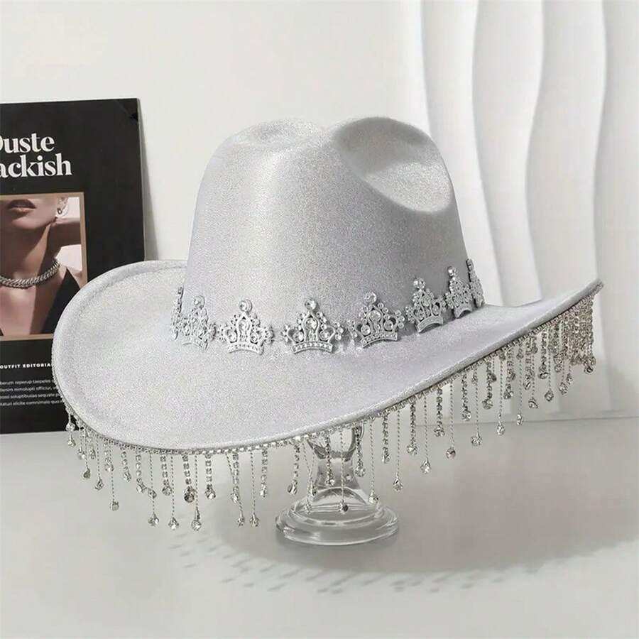 Rhinestone Crown Tassel Cowgirl Hat Sparkly Wide Brim Western Hat Elegant Sun Cap For Wedding Party Club - 銀色 - 查看 1