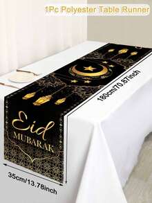 1pc Black Gold Eid Mubarak Table Runner, 35*180cm Polyester Moon Lantern Design Ramadan Table Runner For Ramadan Decor Home Kitchen Table Decor, Eid Al-Fitr Celebration Accessory - Multicolor - View 8