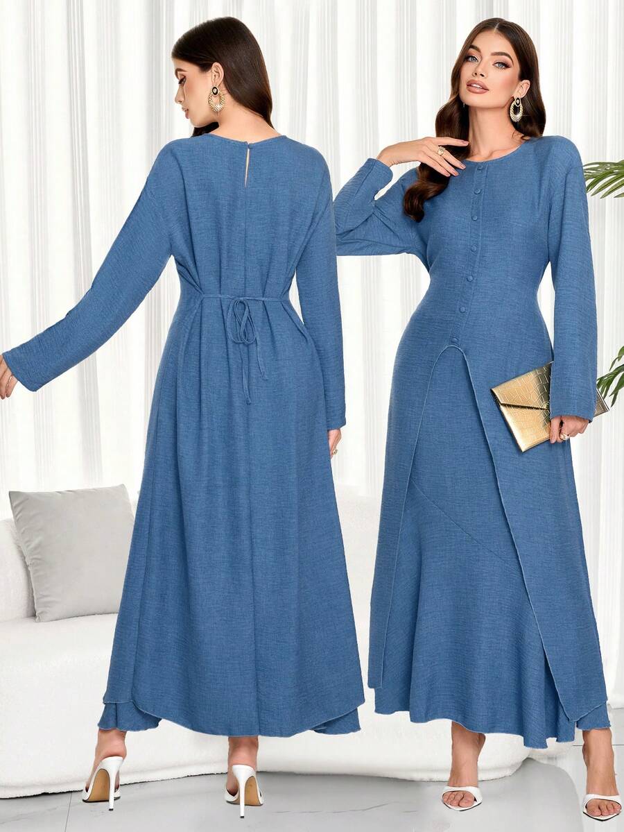 2pcs Women's Minimalist Long Sleeves Long Style Top With Button Closure And Casual Mermaid Skirt Suit