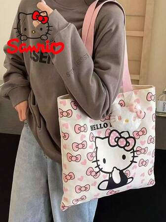  Sanrio Cartoon Cat Canvas Bag, Hello Kitty Portable Canvas Bag, Fashionable Bag, New Large-Capacity Commuter Canvas Bag, Cute Cartoon Patterns Of Girls For Fashion School Design, Suitable For Travel Storage And Easy To Carry. Fresh And Clean Cross-Body Bag, Student Handheld Canvas Bag, Hello Kitty Bag.