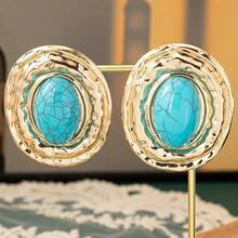 Chunky Gold Turquoise Statement Earrings Women,Vintage Big Oval Dangle Drop Earrings,Boho Exaggerated Western Jewelry Accessories - màu ngọc lam - Xem 6
