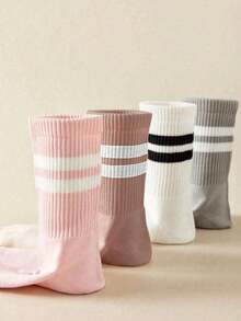 5 Pairs Women's Solid Color & Striped Fashion Socks, Soft Comfortable Breathable Casual Mid-Calf Socks, Suitable For Daily Wear | Colorful Striped Sailor Socks, Suitable For Spring Festival, New Year, Christmas Gifts - Multicolor - View 3