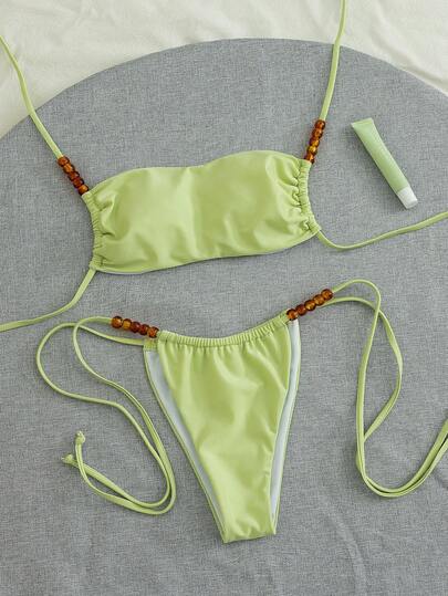 Conjunto de bikini de mujer con halter de unicolor y cuentas, para el verano