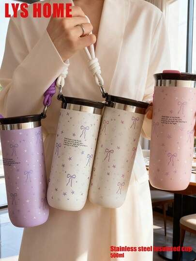 1 pieza Vaso aislado de acero inoxidable de 500ml con diseño de estrella y lazo, adecuado para viajes, oficina, hogar, escuela, automóvil y como regalo de Navidad, Día de la Madre, Día de San Valentín, cumpleaños