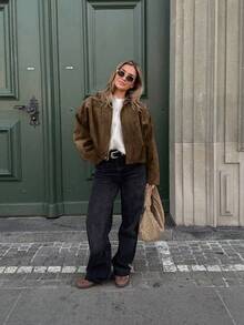 Women's Regular Faux Suede Long Sleeve Single-Breasted Loose Casual Jacket, Suitable For Spring Wear Women's Pocket Metal Button Short Military Green Jacket, Suitable For Spring And Autumn Wear