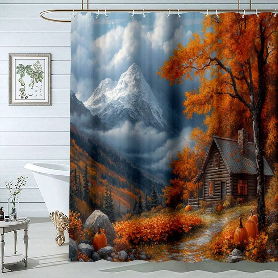 1Pc Mountain Cabin Autumn Shower Curtain - Snow Capped Peaks, Orange Fall Trees & Cozy Log Cabin, Nature Inspired Bathroom Decor,Bathtub Curtain, Machine Washable, Easy Hang, Great For Mountain Lovers & Cabin Style Bathroom, Fits Well In Home & Vacation Rental! Orange Brown - 金色 - 查看 1