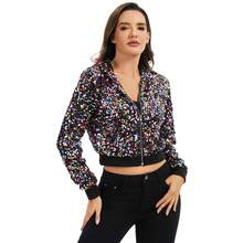Women's Sequin Zip-Up Hooded Jacket With Ribbed Hem And Long Sleeves For Party Wear - Multicolor - View 3