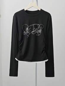 Black Rhinestone Design Fitted Base Layer Long Sleeve T-Shirt, Versatile Top - Black - View 9