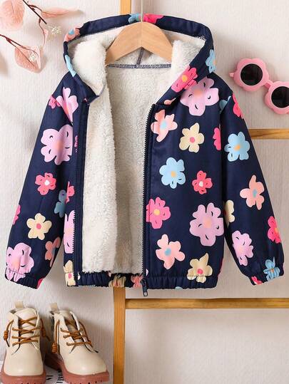 Tween Girl Floral Print Thermal Lined Thick Warm Hooded Jacket