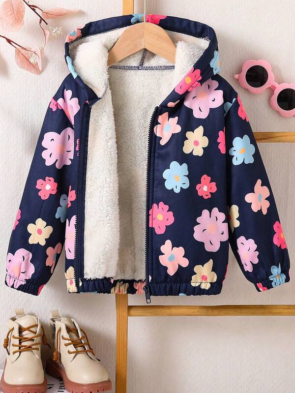 Tween Girl Floral Print Thermal Lined Thick Warm Hooded Jacket