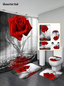 1/3/4pcs Red Rose & Butterfly Shower Curtain Bathroom Set,Luxurious Floral Waterproof And Wear-Resistant Bathroom Decor And Accessories,With 12 Hooks - Includes Toilet Seat Cover, Bath Mats, And Rugs Polyester Fabric - Washable - Perfect For Holiday Decor,Home/Bedroom/House/Western/Winter Decor - Red - View 9