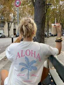 2026 Summer Shirts Women's New Palm Tree Slogan Print Casual Round Neck Short Sleeve T-Shirt, Fashionable Resort Style, Your Daily Essential Item. Gr - 白3 - 查看 7