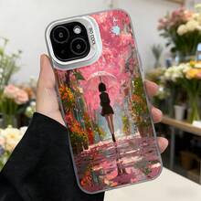 Cubierta de teléfono con diseño de dibujos animados rosa con chica bajo paraguas en jardín de flores estampado para mujer elegante y romántico ideal para uso diario y ocasiones especiales Aplicable a los teléfonos de la serie Apple y Galaxy - Blanco - Ver 2