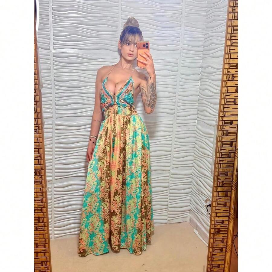 Silk Dress, Boho Style, Bare Back With Elastic. - Multicolor - Ver 1