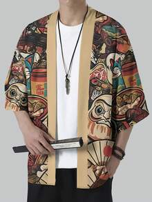 Men's Casual Fashionable Cardigan Kimono Print Top, Clothing - Orange - View 5