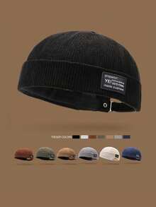 Mũ len nhung kẻ unisex phối da, mũ beanie màu trơn kiểu Nhật, mũ tang cổ điển, phù hợp cho cả nam và nữ, phong cách Hàn Quốc thường ngày cho mùa thu/đông. - A - Xem 12