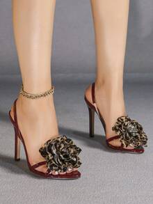 Jin Bei Qi Women's High Heel Shoes, Round Toe, Solid Color, Patent Leather, 3D Floral Decor, Criss-Cross Strap, Ankle Strap, Slip-On, Open Toe, Outdoor Party, Stiletto Heel, Fashion Sandals, Elegant, Glamorous, Party, Banquet, Romantic, Wine Red High Heels,Spring Summer Outfits - Burgundy - View 2