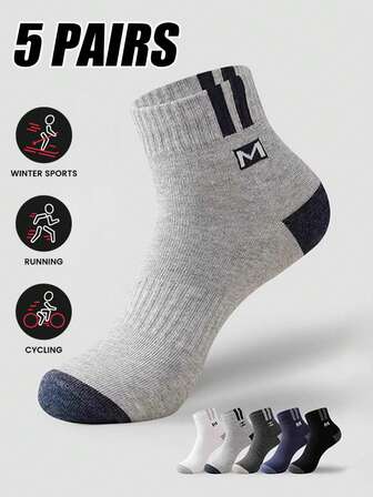 5 Pairs/Set Men's Breathable Sports Socks With Embroidered Sports Letter, High Elasticity Suitable For Running And Outdoor Activities, All Season Comfort, Multi-Color Options, Casual Style, Heel And Toe Cushion Design, Comfortable Stretch
