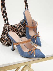 女士牛仔尖头穆勒鞋，棕色蝴蝶结绑带粗跟设计，复古甜美风格，适合日常穿着和派对，性感浪漫的法式鞋，高跟鞋 - 藍色 - 查看 2