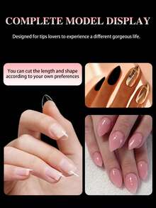 120 片半哑光半覆盖杏仁形假指甲，多角度展示亚克力指甲片，边缘较薄，贴合自然，前端较厚，经久耐用
