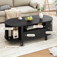 ONBRILL Black Oval Coffee Table, 47 Inch Fluted Coffee Tables With Cabinets & Sliding Doors, Mid-Century Modern Living Room Tables, Center Table With Storage And Wood Handle For Living Room, Home Small Space - Black - View 2