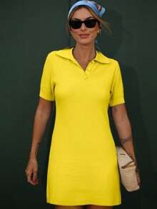 Women's Midi Dress, Short Polo Collar, Modal Knit, Short Sleeves, V-Neck, Buttons, Summer , Light Colors, Candy Colors, Pastel Shades, Christmas, New Year's, Parties - 黃色 - 查看 2