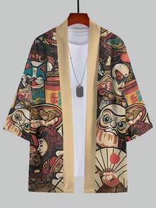 Men's Casual Fashionable Cardigan Kimono Print Top, Clothing - Orange - View 6