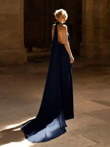 Basrey 新款优雅白色吊带深V领高腰修身露背缎面鸡尾酒会美人鱼长裙，适合婚礼、派对、招待会、情人节及其他场合。 - 藏蓝色 - 查看 5