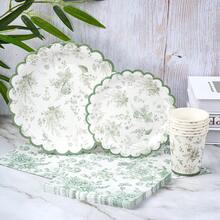 8件套绿色瓷质花卉图案一次性餐盘、餐巾纸和杯子套装，包含餐盘、餐巾纸和杯子，适合8位客人使用，一次性纸盘，派对用品，适用于生日、婚礼、主题派对、家庭野餐等场合。 - 彩色 - 查看 3