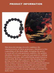 VE 1pc High-Quality Natural Obsidian Bracelet, Citrine Awakening Lion, Black Obsidian, Yellow Tiger Eye Stone Bracelet, Attract Wealth, Repel Evil, Boost Career, Enhance Courage, Unisex Elastic Bracelet, Natural Energy Crystals, Best Gift For Couples, Spouses, Friends, Natural Gemstone Color Varies - Bracelet - View 6