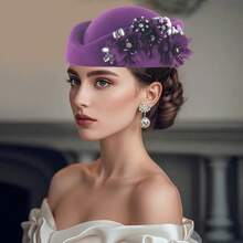 1pc Retro British Felt Headband Hat, Women's Church Derby Headpiece With Flower Decor, Soft Beret Cap
