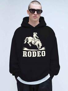 Sudadera de mezclilla de forro polar cómoda para hombres - Sudadera con estampado de mezclilla roja y letras 'RODEO', sudadera de manga larga cálida para otoño e invierno, top con capucha de estilo occidental casual, ropa casual de invierno | Suéter Casual de Punto | Tela de textura suave - Negro - Ver 8