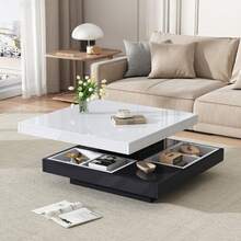 High-Gloss Tabletop, Functional Coffee Table, Living Room Table, 360° Rotatable, 2-Tier Rotating Tabletop With Storage Compartment, White Living Room Tabletop, Black Base 70*70*36 Cm - Black - View 1