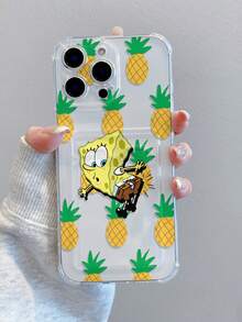 1pc Cute & Fun Transparent Card Holder With Pineapple & SpongeBob Cartoon Pattern, Shockproof Phone Case Compatible With IPhone 11/12/12 Pro Max/14 Pro Max/15/15 Pro/16/16 Pro Max - Multicolor - View 2