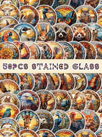 50片彩色玻璃贴纸，PET材质，透明，可重复使用，适用于笔记本电脑、记事本、头盔、摩托车、纸巾盒、桌面、自行车、行李箱等装饰，独一无二，小巧清新，是派对用品、奖励礼物、新年、冬季的完美之选，易撕易贴。