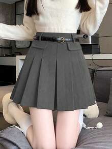 Rok A-Line Lipit Pinggang Tinggi Bahan Korduroi Model Ramping Terbaru untuk Wanita, Cocok untuk Musim Gugur/Dingin - Grey - View 5