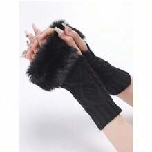 1pair Women's Coffee Colored Short Knitted Gloves With Exposed Fingertips, Winter Warm And Stylish - 黑色 - 查看 2