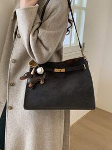 1pc Coffee-Color PU Fabric Shoulder Bag With Metal Lock Decor And Sausage Dog Charm, Magnetic Closure, Elegant Commuter Style, Suitable For Daily Commute, Business Occasions And All Seasons - Coffee - View 4