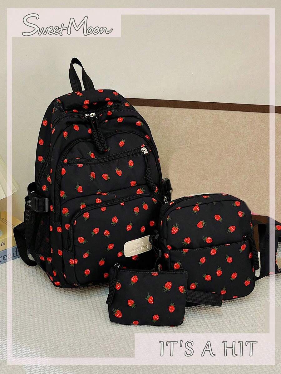 三件套黑色尼龙休闲清新草莓蝴蝶结樱桃印花提花拉链可折叠大容量多口袋背包，适合女性日常搭配、大学生、培训、上学、购物、旅行 - 黑色 - 查看 1