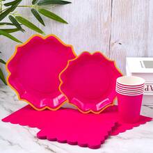 Rose Red & Gold Edged Petal Shaped Disposable Plate, Napkin & Cup Set, Serves 8 Guests, Suitable For Birthday, Wedding, Party, Family Picnic - Multicolor - View 3